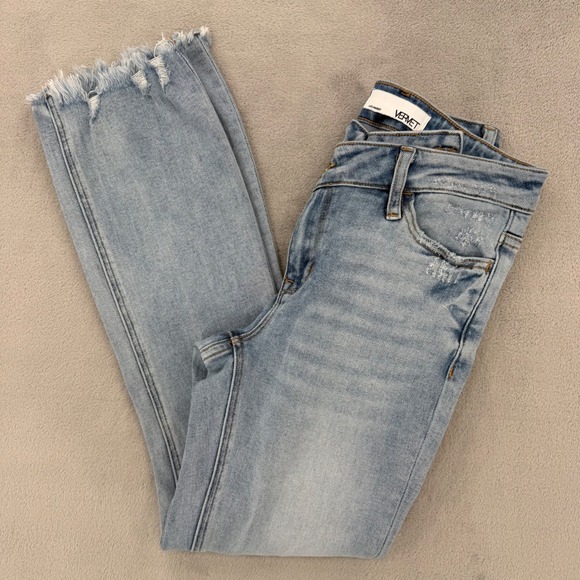 Vervet Denim - Vervet Los Angeles Crossover Waist Flare Jeans Light Wash Distressed Raw Hem 24